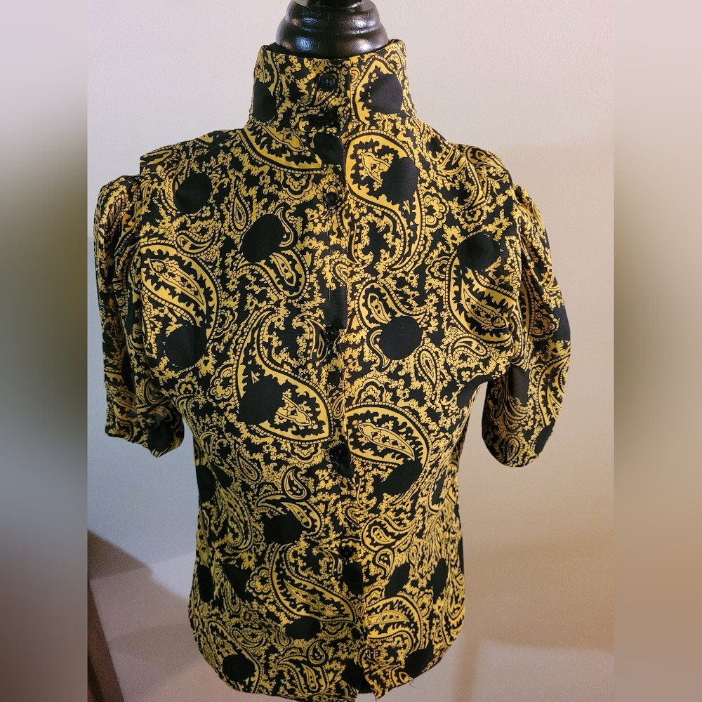 Yellow and Black Polka Dots and Paisley Vintage Blouse With Bishop Sleeve